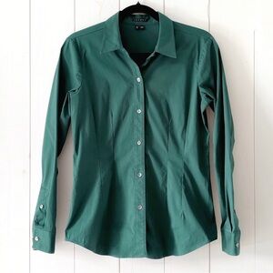 Theory Green Cotton Blend Tailored Button-Up Shirt Size Medium